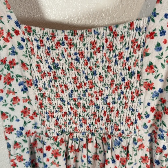 Old Navy Red White Blue Floral Linen Sweetheart Dress Smocked Back Midi Size LG - Picture 5 of 10